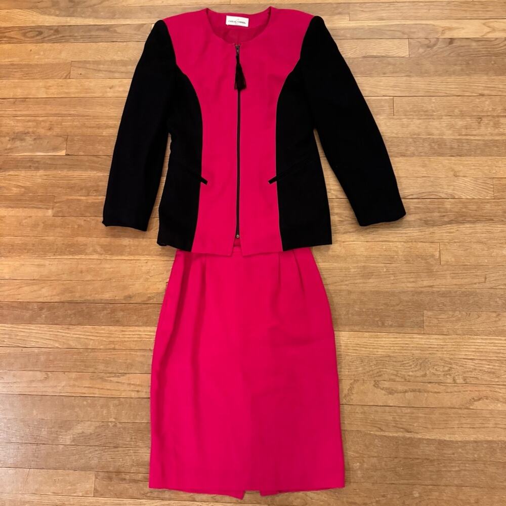 Casual Corner fuchsia black long sleeve zipper jacket midi pencil skirt sz 6 b27